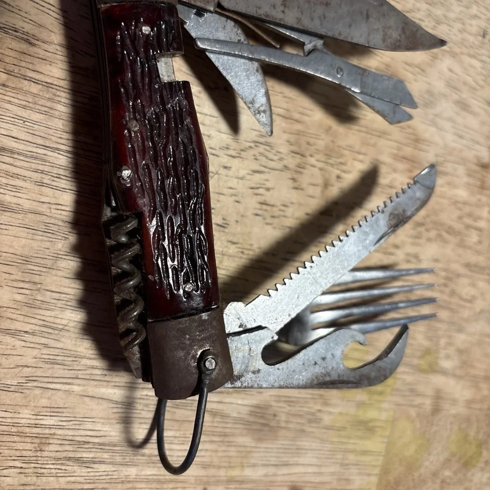 Vintage Japan Hobo 11 Piece Multi-Tool Folding Knife Spoon Fork Brown Wood